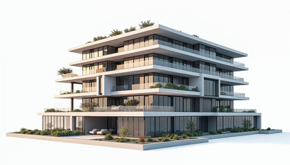 Obraz premium A 3D luxury apartment building showcases modern design and elegance on a white background.
