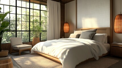 A Modern Bedroom with a Large Window and a White Bed