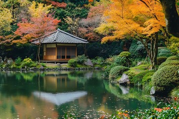 Traditional Japanese Garden with Autumn foliage and a pond