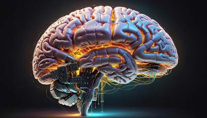 Illustrative representation of a human brain modified with technology and microelectronics, artificial intelligence and the technological modification of the brain