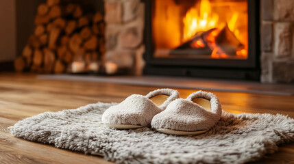 Cozy slippers by a fireplace on a fluffy rug.