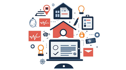 Fototapeta premium An illustration depicting a laptop surrounded by icons related to home security and automation.