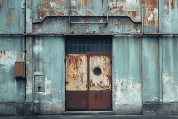 Rusty metal double doors on a weathered industrial building