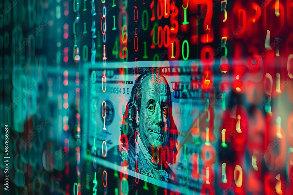 Poster one hundred us dollar bill with binary code data stream flowing in the background representing digit