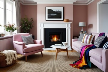 Scandinavian Living Room Design Featuring Soft Pink Armchair Striped Cushions and Colorful Throws by Central Fireplace