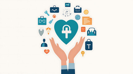 Hands holding a heart with a padlock symbol, surrounded by various icons representing different aspects of security and protection.