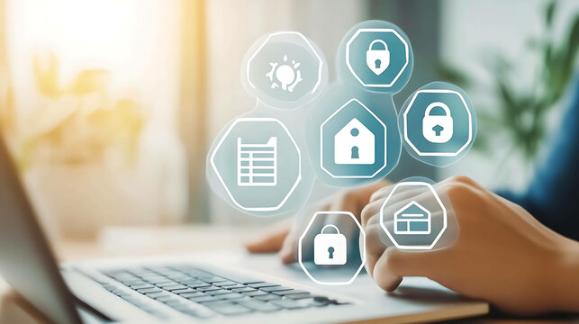 Person's hands typing on a laptop, with digital icons of security and data protection hovering above.