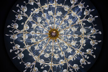 Close-up of an ornate chandelier with intricate crystal designs