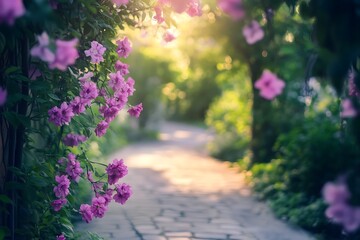 Sunbeams Through a Pink Flower Archway in a Garden