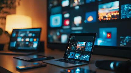 A laptop on a desk in a dimly lit room, open to a photo editing program.