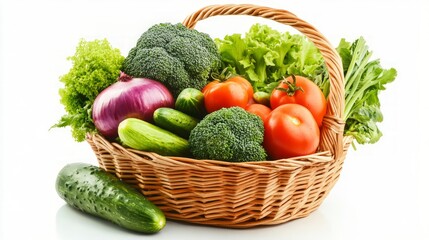 Vegetables Isolated on White. Vegetables Basket: Fresh Broccoli, Onions, Tomatoes, Paprikas, Green Beans and Other Fresh Garden Produce. Horizontal Studio Photo - Solid White Background