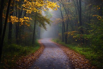 Fototapeta premium Mystical Foggy Forest Path with Golden Autumn Leaves
