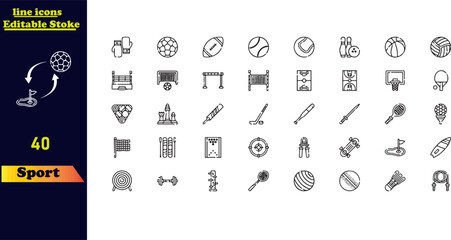 Vector line icon collection featuring sports-related icons, including active lifestyle, hobbies, sports equipment, and apparel. A set of flat symbols and signs.