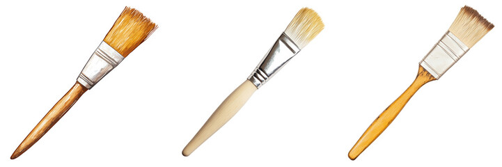 Fototapeta premium Three paintbrushes with different bristle styles, isolated on a transparent background
