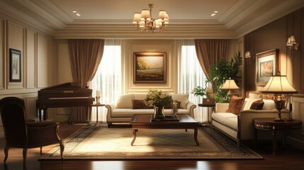 Elegant Living Room Interior with Piano, Couches, and  Ornate Decor