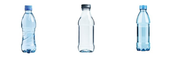 Three water bottles isolated on a transparent background