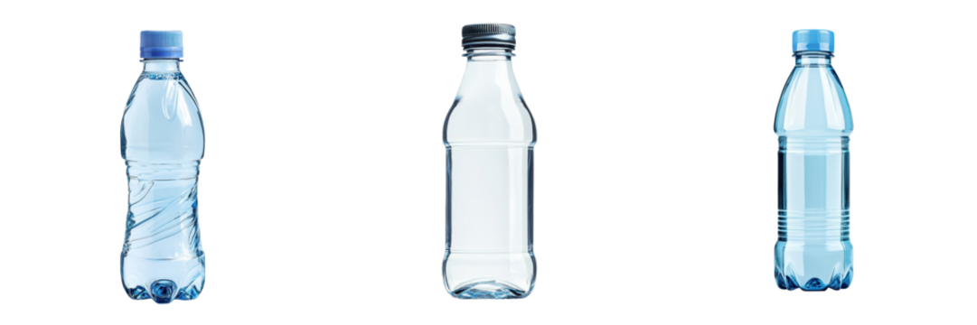 Three water bottles isolated on a transparent background