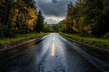 Fototapeta premium Empty asphalt road through forest after rain with yellow line and puddles