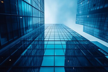 Low angle view of modern glass skyscrapers in city, business, finance, success, urban