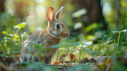 Fototapeta premium A cute brown rabbit sits in a lush green forest, sunlight filtering through the leaves.