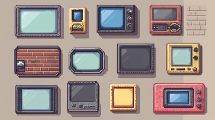 A collection of retro and vintage televisions displayed on a wall.