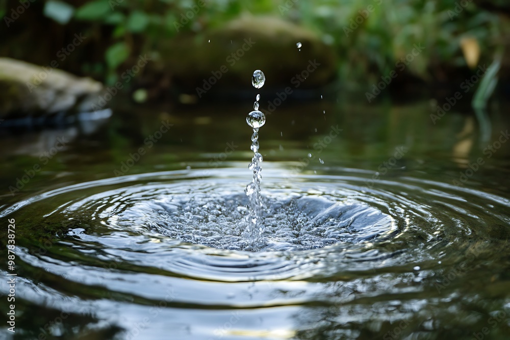 Canvas Prints Water droplet splash in pond with ripples, nature photography