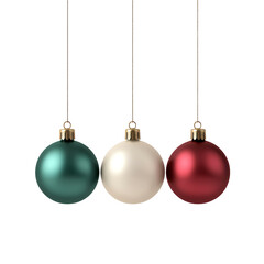 Three colorful Christmas ornaments hanging, isolated on white background. transparent background