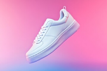 A floating white sneaker against a vibrant pink and blue gradient background.
