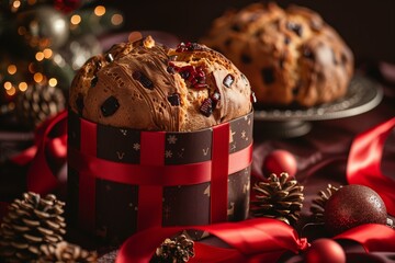 Traditional Christmas panettone wrapped in elegant holiday packaging, embodying the trend of...