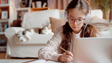 Obraz na płótnie Canvas Asian girl with laptop and headphones listens to a teacher during online lesson. Child doing her homework. Near is a cute cat in home interior. Online school, distance learning, home schooling.