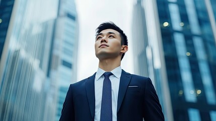Fototapeta premium A focused young Chinese businessman stands at the base of a skyscraper, looking ahead with purpose. The cityscape provides a dramatic background.