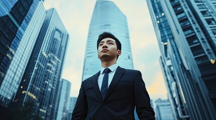 Fototapeta premium A focused young Chinese businessman stands at the base of a skyscraper, looking ahead with purpose. The cityscape provides a dramatic background.