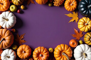 Fototapeta premium 3D Pumpkins and Fall Fruits on Purple Background for Halloween and Thanksgiving Decoration