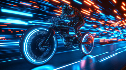 Fototapeta premium A microchip that powers a futuristic bicycle with a driver behind it 