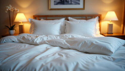 Luxurious bed scene with white bedding and soft pillows, promoting home decor products.






