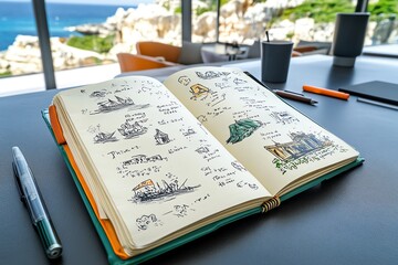 A travel journal open on a table, with handwritten notes and sketches from various destinations