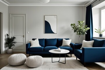 Elegant Scandinavian Minimalist Living Room with Midnight Blue Sofa and Cozy Knitted Poufs