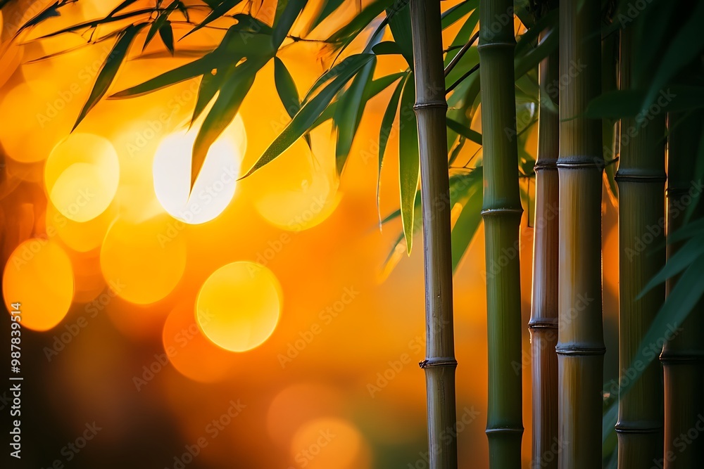 Wall mural Bamboo stalks and leaves with bokeh background of sunset, nature scene