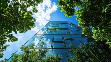 A modern glass structure rises into the sky, surrounded by lush greenery. The building eco-friendly design promotes sustainable business architecture.