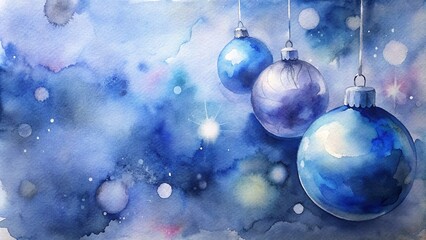 Watercolor blue Christmas ornaments hanging against a soft, dreamy background of blues and whites