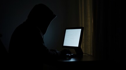 A silhouette of a person in a hoodie working on a computer in a dark room.