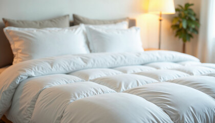 Luxurious bed scene with white bedding and soft pillows, promoting home decor products.






