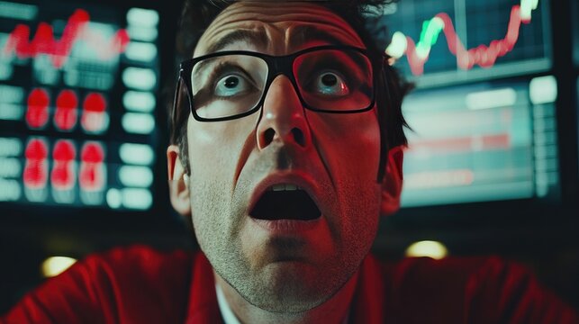 A stressed stock trader stares in disbelief at the screens showing a massive stock market crash. The red downward arrows and data points reflect financial turmoil.