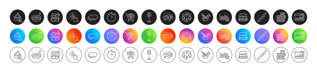 Moisturizing cream, Sale megaphone and Loan house line icons. Round icon gradient buttons. Pack of Buying process, Quiz, Cleaning icon. Vector