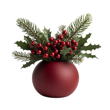 Christmas decoration with holly, berries, and pine in a red vase on white background. transparent background