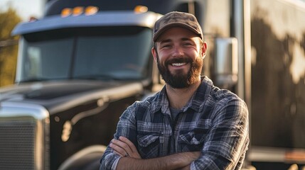 A young male truck driver, arms crossed, smiles confidently in front of his truck. Bearded, wearing a hat, he radiates pride in his profession.
