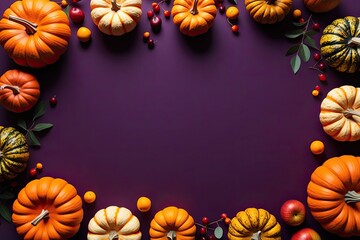 Fototapeta premium Thanksgiving 3D Pumpkins and Seasonal Fruits on Rich Purple Background