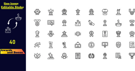 Awards and Bonus outline icon collection, featuring thin line vector illustrations of icons such as trophies, medals, diplomas, champions, number one, stars, winners, and ribbons. Icon set.