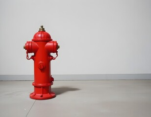 Fototapeta premium A red fire hydrant on a floor, with a plain wall in the background