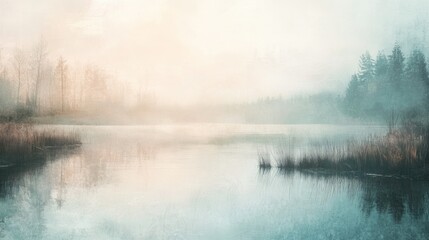 Fototapeta premium Misty Morning Over a Serene Forest Lake